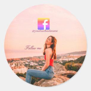 följ oss facebook användarnamn socialt media foto runt klistermärke