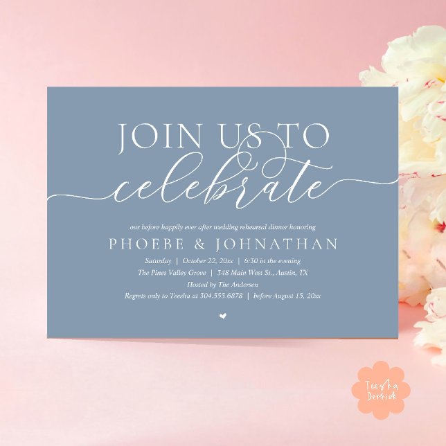 Följ oss för att fira, Övningsmiddag inför bröllop Inbjudningar (Join Us To Celebrate, Modern Classy Wedding Rehearsal Dinner Invitation card in dusty blue)