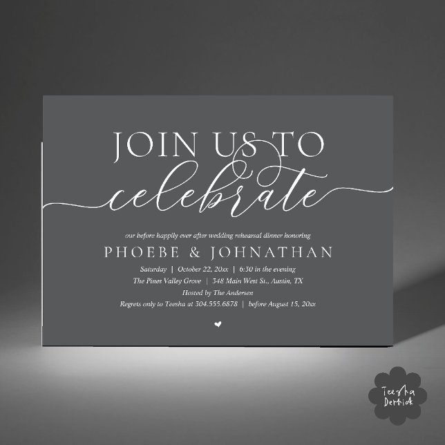 Följ oss för att fira, Övningsmiddag inför bröllop Inbjudningar (Join Us To Celebrate, Modern Classy Wedding Rehearsal Dinner Invitation card in dark grey)