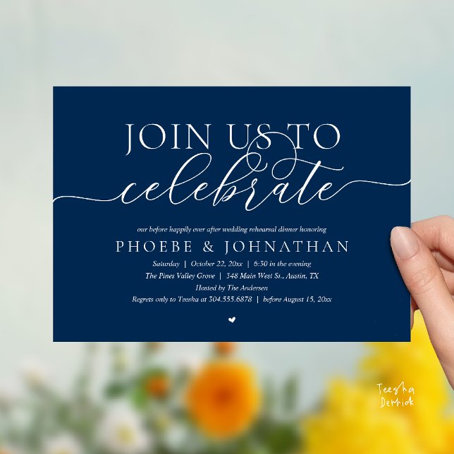 Följ oss för att fira, Övningsmiddag inför bröllop Inbjudningar (Join Us To Celebrate, Wedding Rehearsal Dinner Invitation card in navy blue)