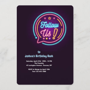 Följ oss Neon Födelsedagsfest inbjudan