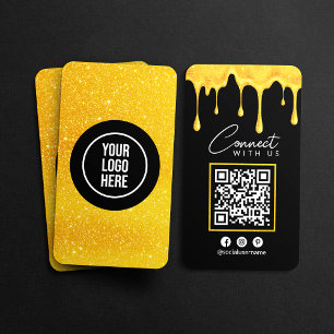 Följ Oss Svart Guld Glitterdroppar QR-kod Visitkort