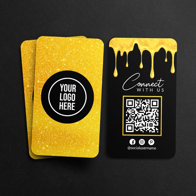 Följ Oss Svart Guld Glitterdroppar QR-kod Visitkort (Skapare uppladdad)