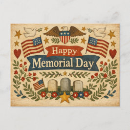 Folk Art Americana Memorial Day Helg Vykort