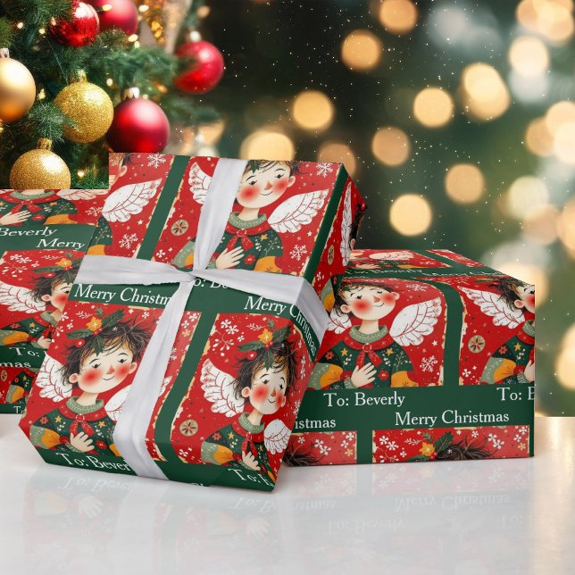 Folk-art Angel Add Recipients Name Christmas Roll  Presentpapper (Skapare uppladdad)