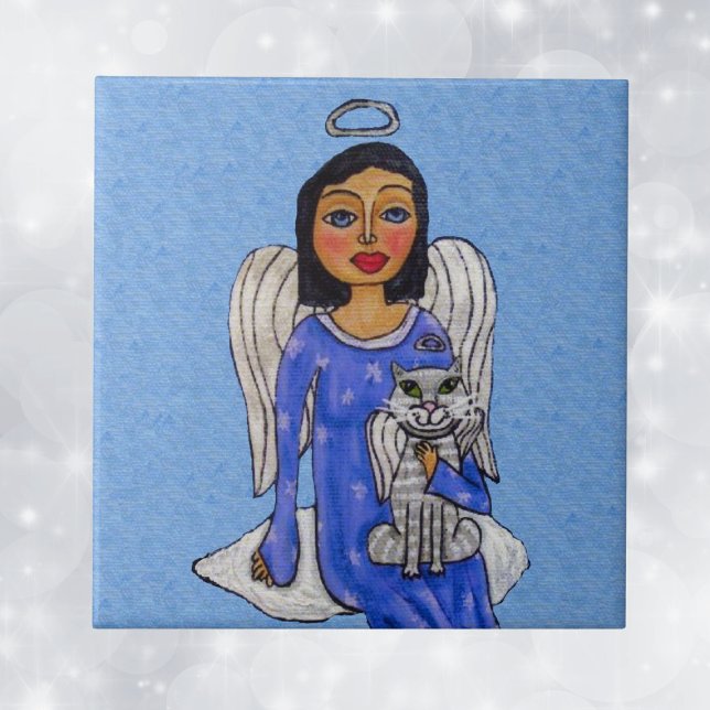 Folk Art Angel Blue ögon White Angel Cat on Cloud Kakelplatta (Angel Blue eyes dress holding white angel cat on cloud on sky blue decorative ceramic tile.)