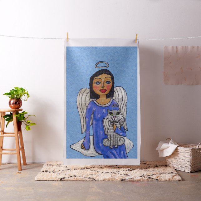 Folk Art Angel Blue ögon White Cat on Cloud Tyg (In Situ)