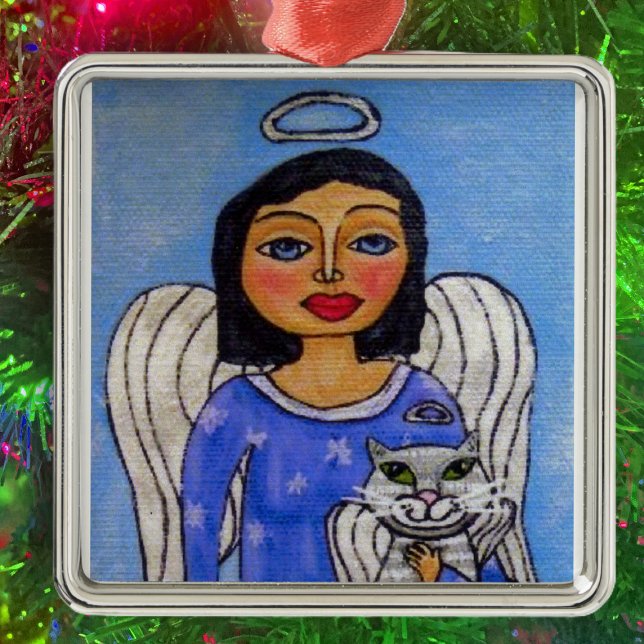 Folk Art Angel Cat Angel Julgransprydnad Metall (Angel silver halo holding white angel cat on light blue Christmas hanging ornament.)