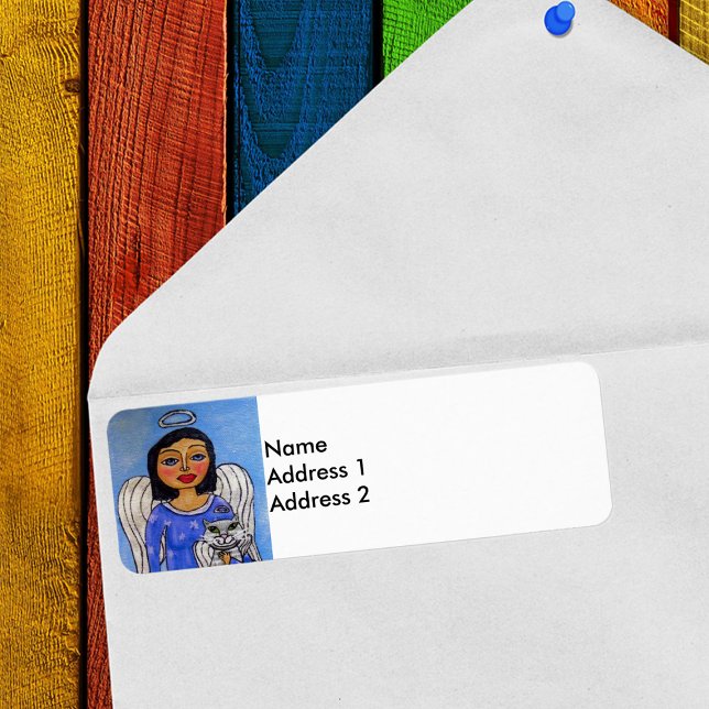Folk Art Angel Cat Angel Returadress Etikett (Angel holding white cat angel on sky blue and white return address label.)