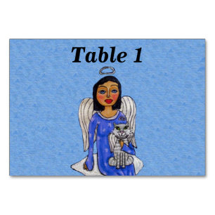 Folk Art Angel Holding White Angel Cat på Cloud Bordsnummer