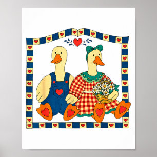 Folk Art Anka Par Med Blommor Country Farmhous Poster