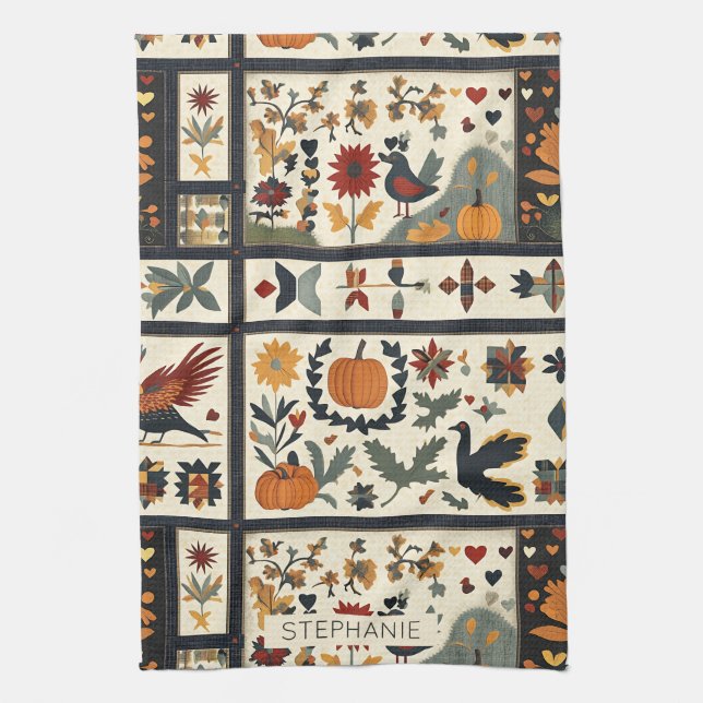 Folk Art Autumn Quilt Mönster | Rustic Harvest Kökshandduk (Vertikal)
