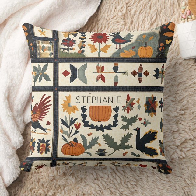 Folk Art Autumn Quilt Mönster | Rustic Harvest Kudde (Filt)