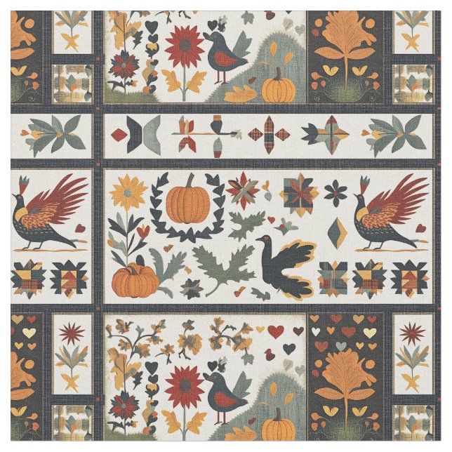Folk Art Autumn Quilt Mönster | Rustic Harvest Tyg (Närbild)