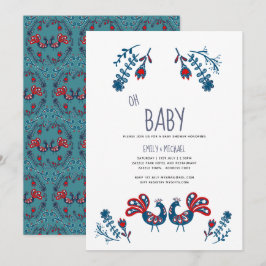 Folk Art Baby Shower-inbjudan Birds Scandinavian Inbjudningar