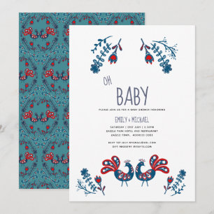 Folk Art Baby Shower-inbjudan Birds Scandinavian Inbjudningar