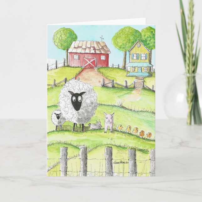 Folk Art, Barn Yard Animals, Cute FolArt Card Kort (Framsida)