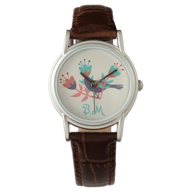 Folk Art Bird and Blommigt Monogram Armbandsur (Framsida)