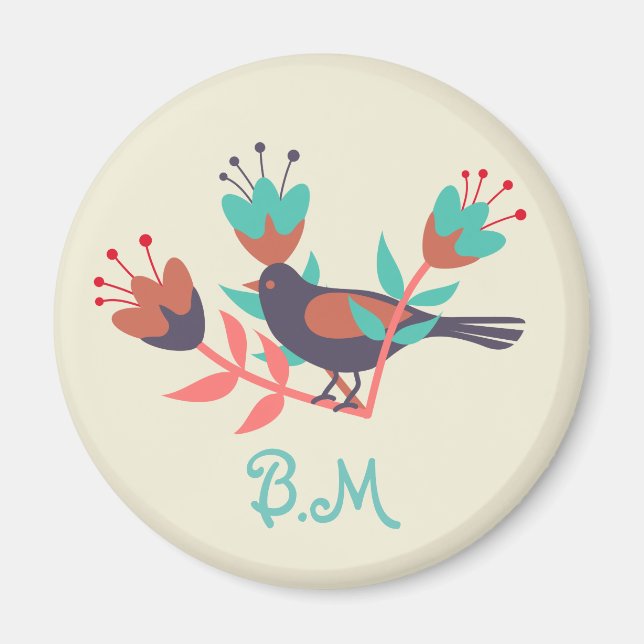 Folk Art Bird and Blommigt Monogram Magnet (Framsidan)