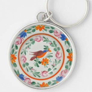 Folk Art Bird Rund Silverfärgad Nyckelring