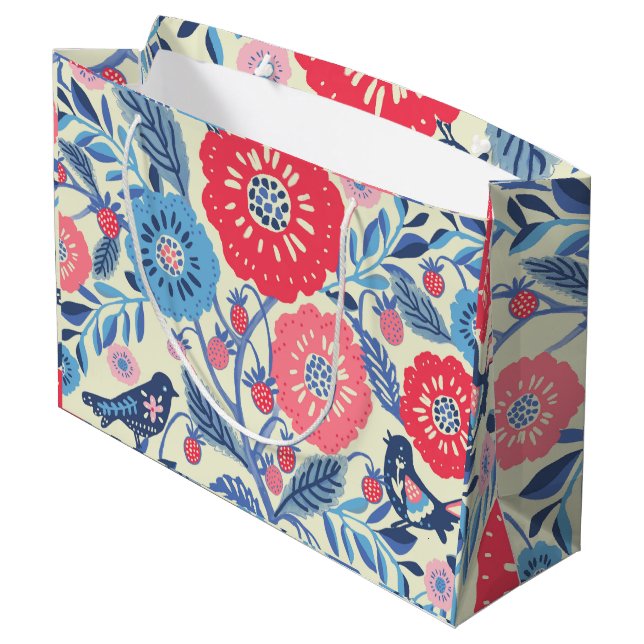 Folk Art Birds, jordgubbe och blommor (Baksidan Vinklad)