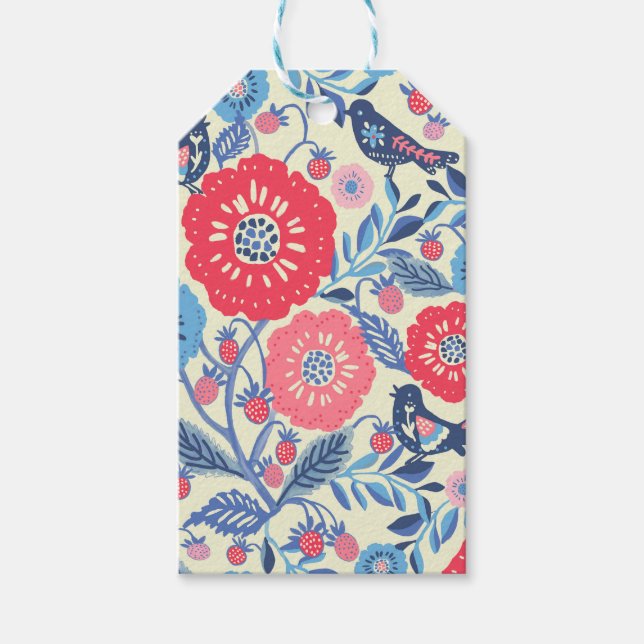 Folk Art Birds, jordgubbe och blommor Presentetikett (Framsidan)