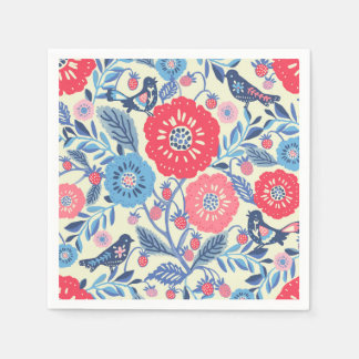 Folk Art Birds Strawberry and Flowers Pappersservett