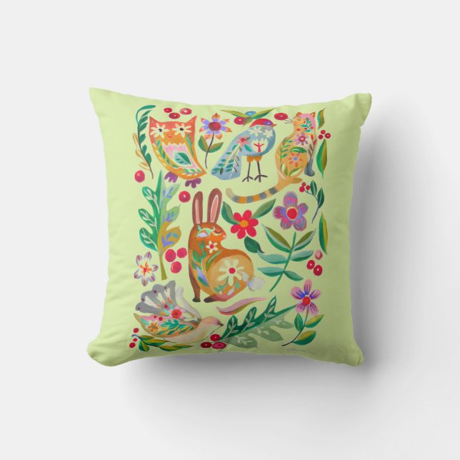 Folk Art Blommande Djurvänner Ljusgrön Kudde (Framsida)