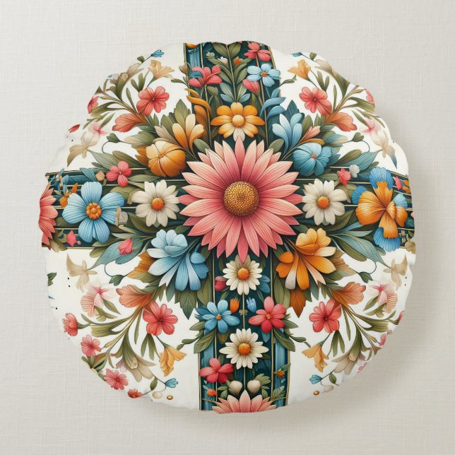 Folk Art Blommig Rund Kudd - Färgrik Boho Kudde (Framsidan)
