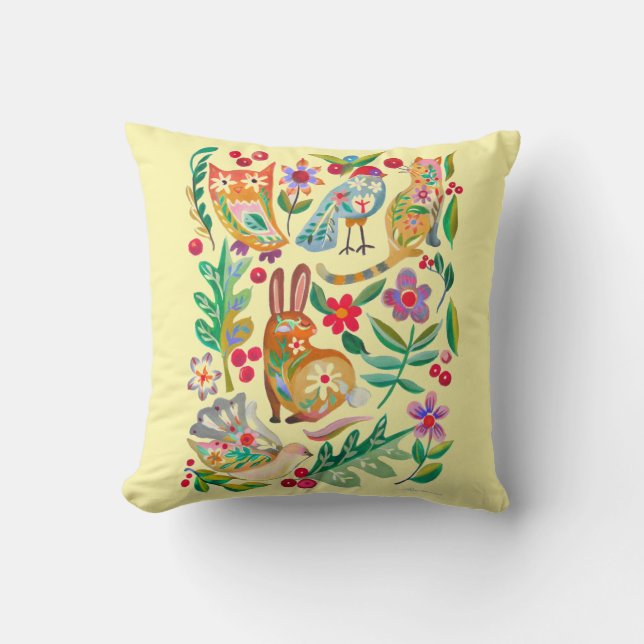 Folk Art Blommiga Djurvänner Ljusgult Kudde (Framsida)