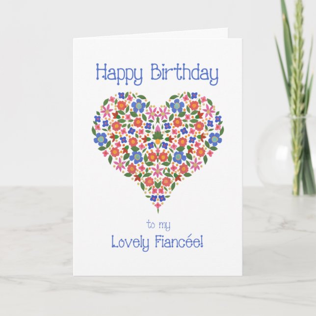 Folk Art Blommigt Heart Birthday Card for Fiancee Kort (Framsida)