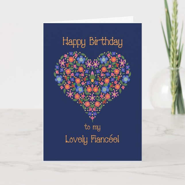 Folk Art Blommigt Heart Birthday Card for Fiancee Kort (Framsida)