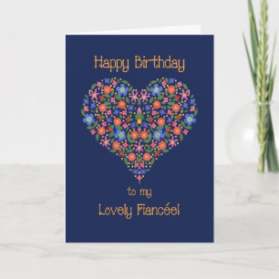 Folk Art Blommigt Heart Birthday Card for Fiancee Kort