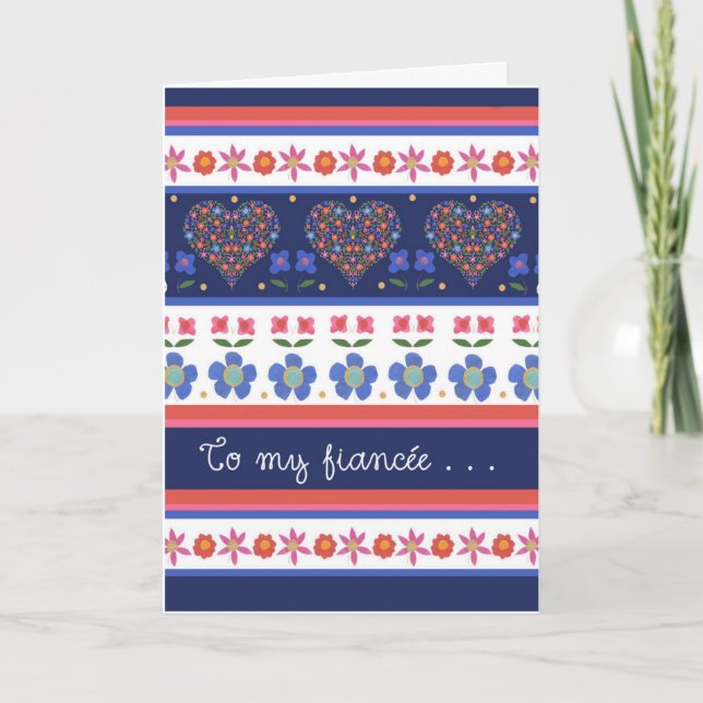 Folk Art Blommigt Hearts Birthday Card for Fiancee Kort (Framsida)
