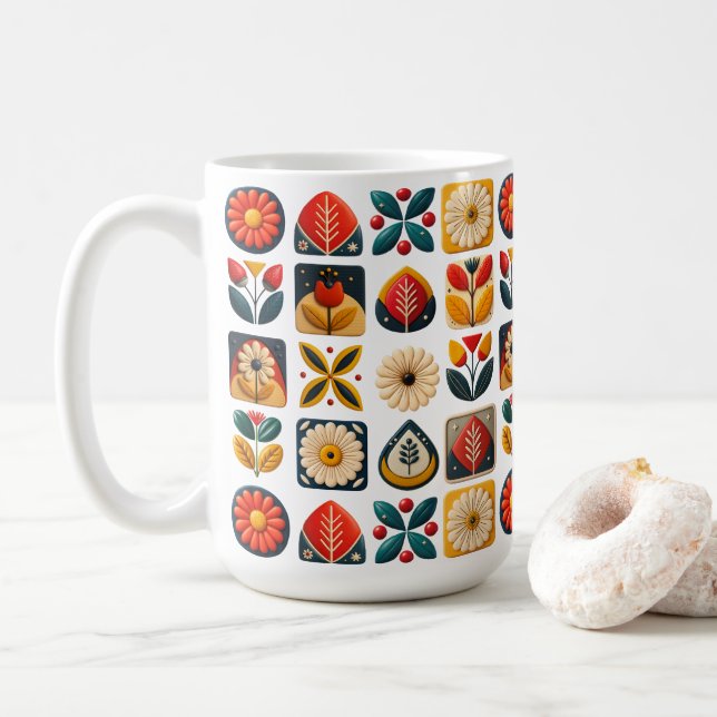 Folk Art Blommigt Mosaic i Retro Färg Kaffemugg (Med munk)