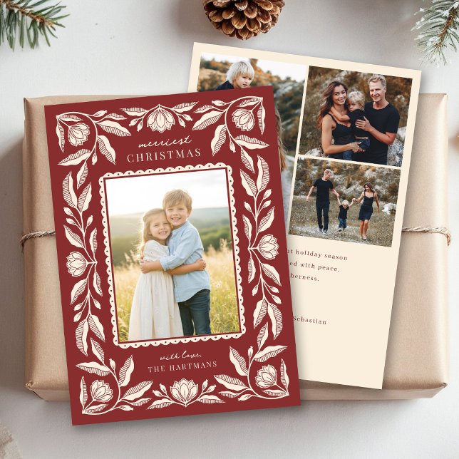 Folk Art Blommigt Ram jul 4 Foto Julkort (Skapare uppladdad)