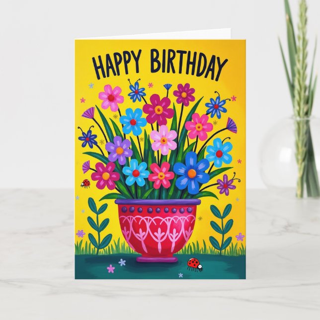 Folk Art Blommor Födelsedags Kort (Framsida)
