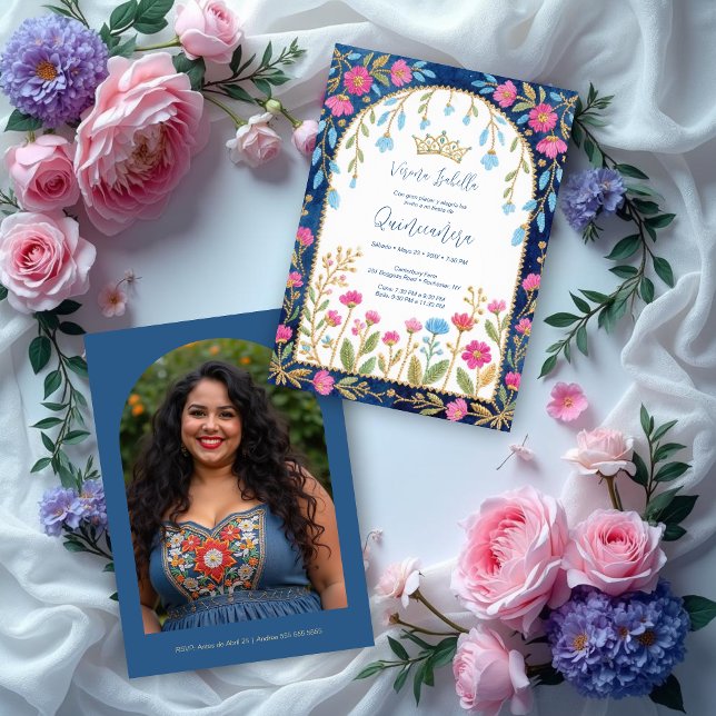 Folk Art Blue Shades Spanish Mexican XVs Floral Inbjudningar (Folk Art Blue Shades Spanish Mexican XVs Floral Border Embroidery Style Quinceañera Invitation Cards)