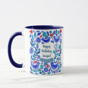 Folk Art Bluebird Personlig Birthday Gift Mugg