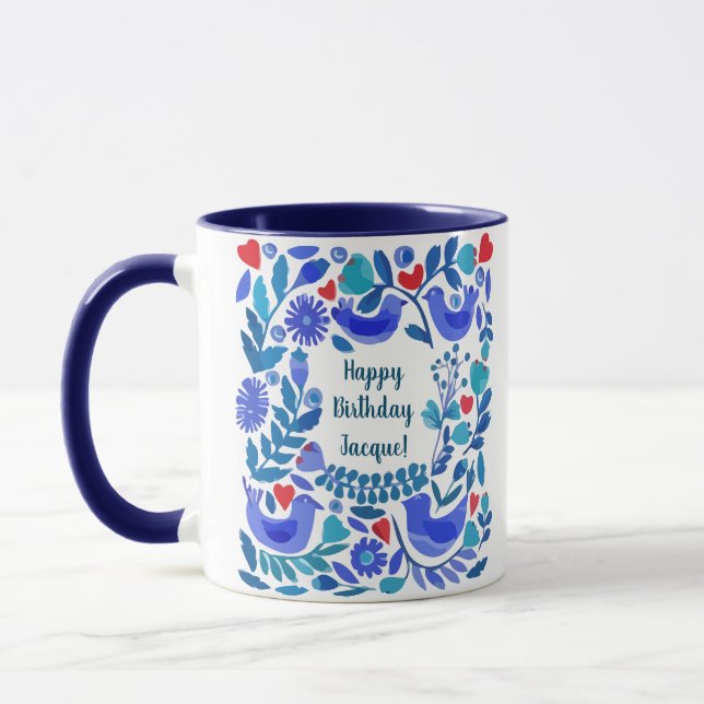 Folk Art Bluebird Personlig Birthday Gift Mugg (Vänster)