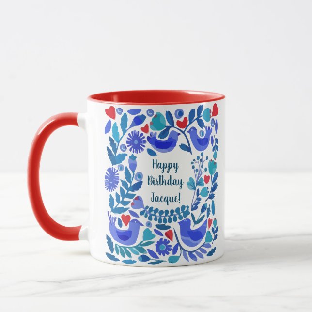 Folk Art Bluebird Personlig Birthday Gift Mugg (Vänster)
