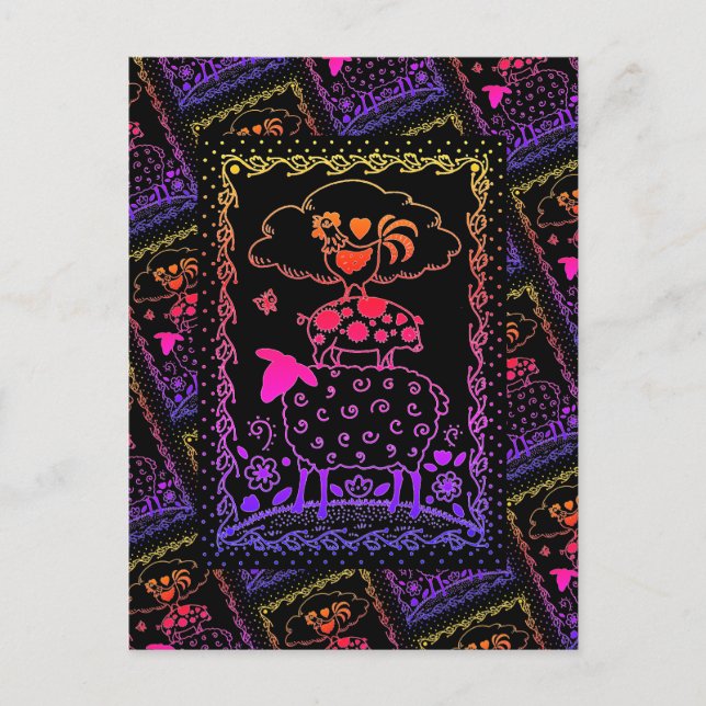 FOLK ART BOSKAP SHEEP GRIS TUPP primitive Vykort (Framsida)