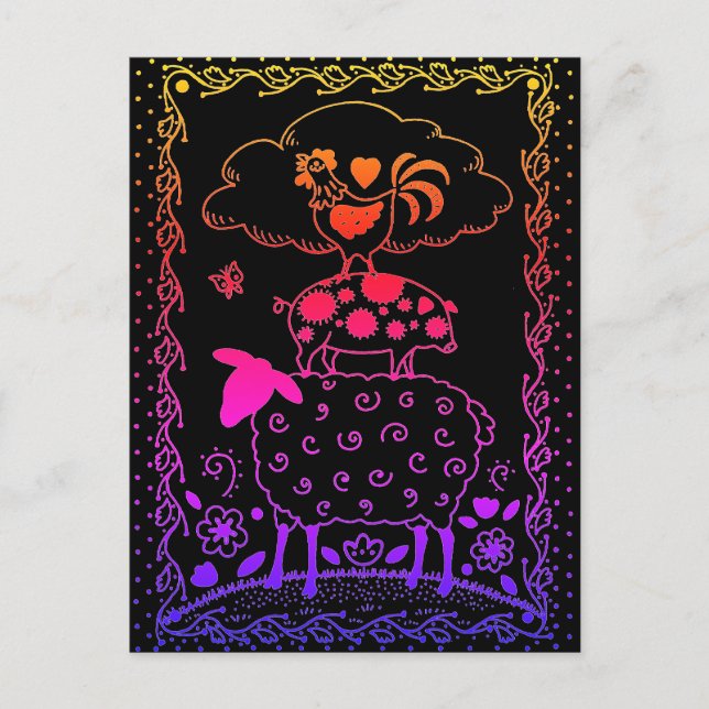 FOLK ART BOSKAP SHEEP GRIS TUPP primitive Vykort (Framsida)