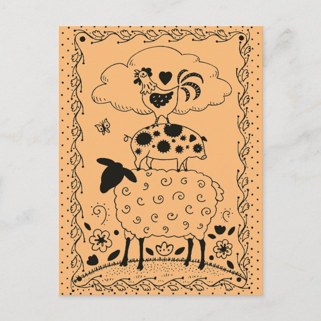 FOLK ART BOSKAP SHEEP GRIS TUPP primitive Vykort (Framsida)