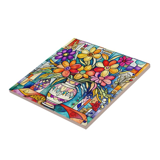 Folk Art Bouquet Ceramic Tile Kakelplatta (Sidan)
