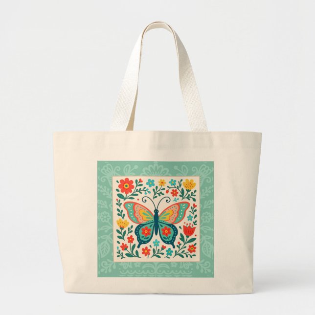 Folk Art Butterfly Tote Bag Jumbo Tygkasse (Framsidan)