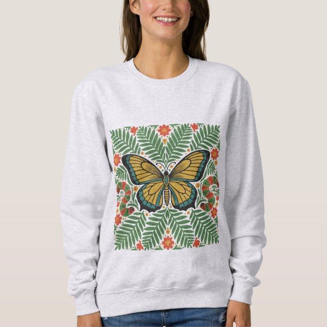 Folk Art Butterfly with Ferns  T Shirt (Framsida)