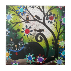 Folk Art_By Everett_ day of the dead svart KATT Kakelplatta