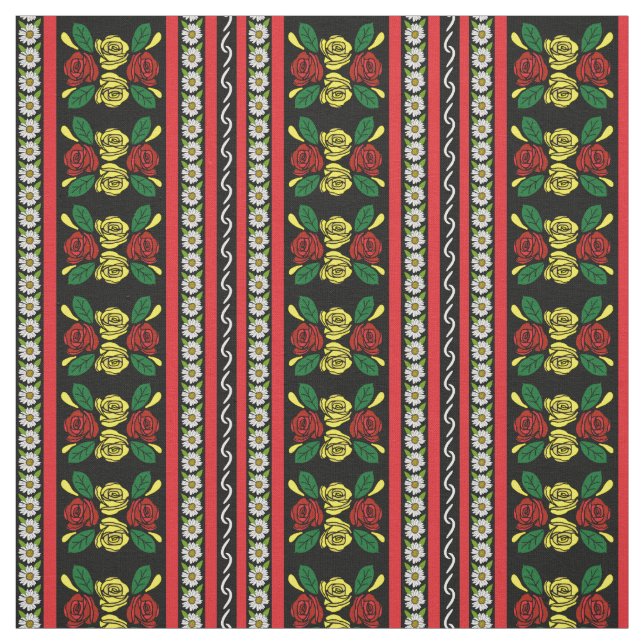 Folk Art Canal Narrowboat Red Yellow Roses Tyg (Provkarta)