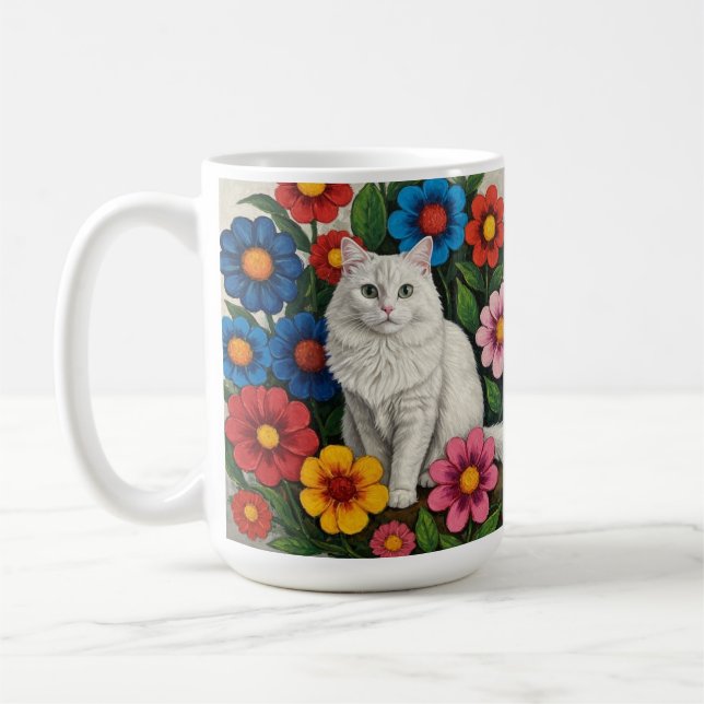 Folk Art Cat and Flowers Kaffemugg (Vänster)